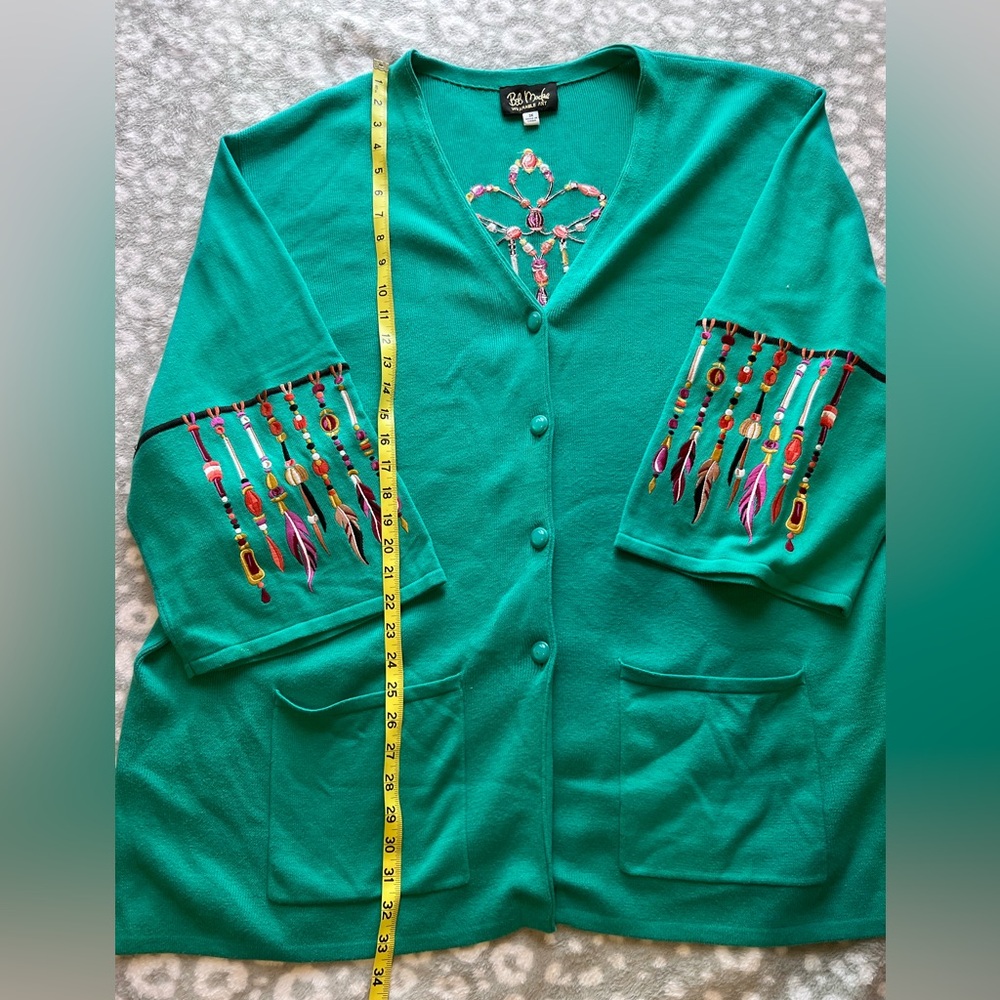 Bob Mackie Wearable Art Turquoise Embroidered Cardigan Duster Dreamcatcher/3X - Picture 7 of 9
